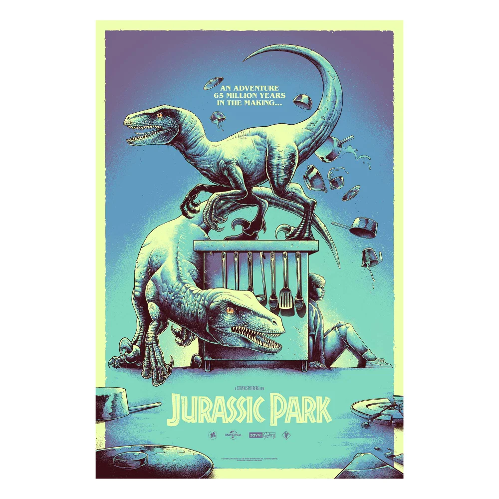 Jurassic Park x Luke Preece - Raptors in the Kitchen - Glow in the Dark - Screen-Print -24"x36”. Afbeelding 1