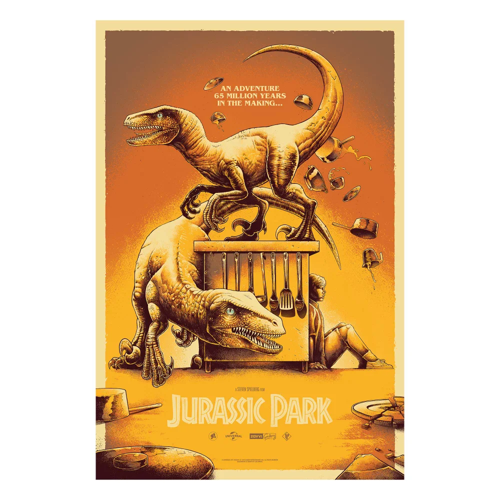 Jurassic Park x Luke Preece - Raptors in the Kitchen - Screen-Print -24"x36" Afbeelding 1