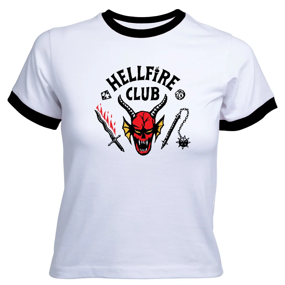 Stranger Things Hellfire Club Dames Cropped Ringer T-Shirt - Wit Zwart - L Afbeelding 1
