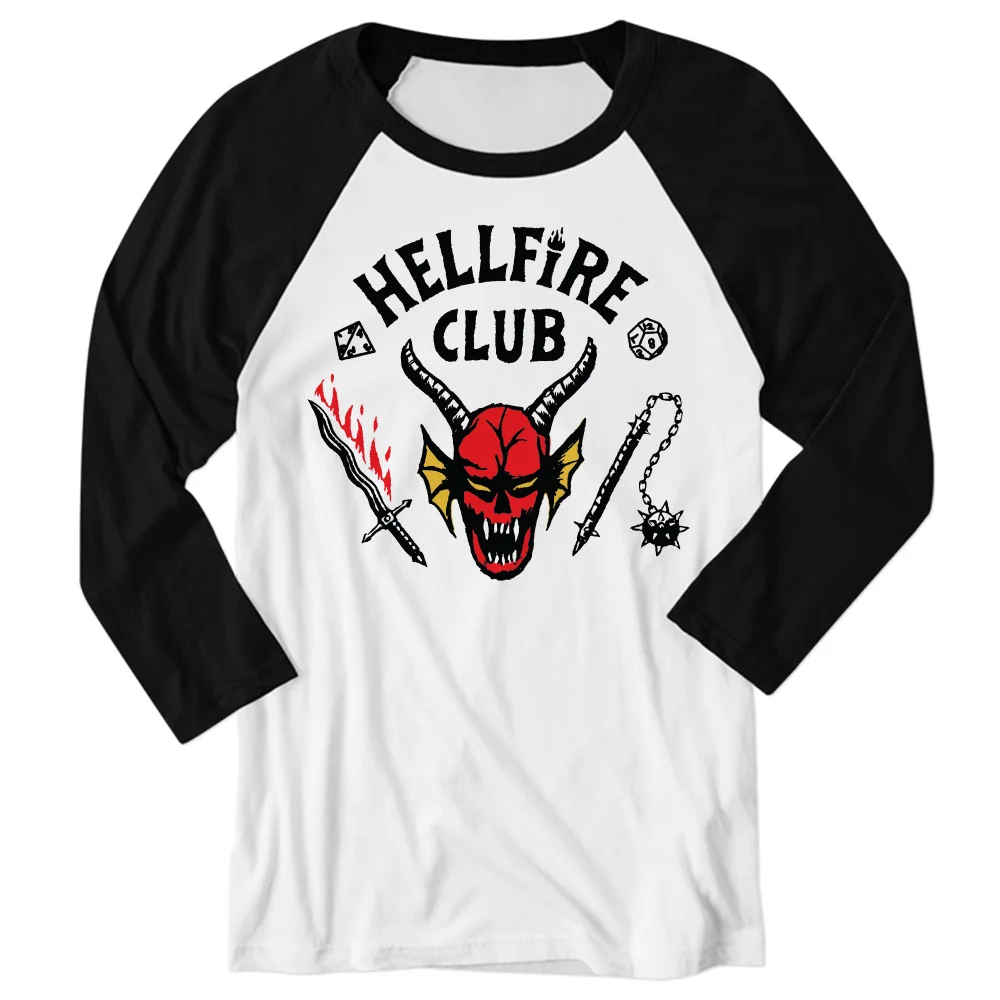 Stranger Things Hellfire Club Unisex Raglan T-Shirt Met Lange Mouwe - Wit / Marineblauw - S Afbeelding 1