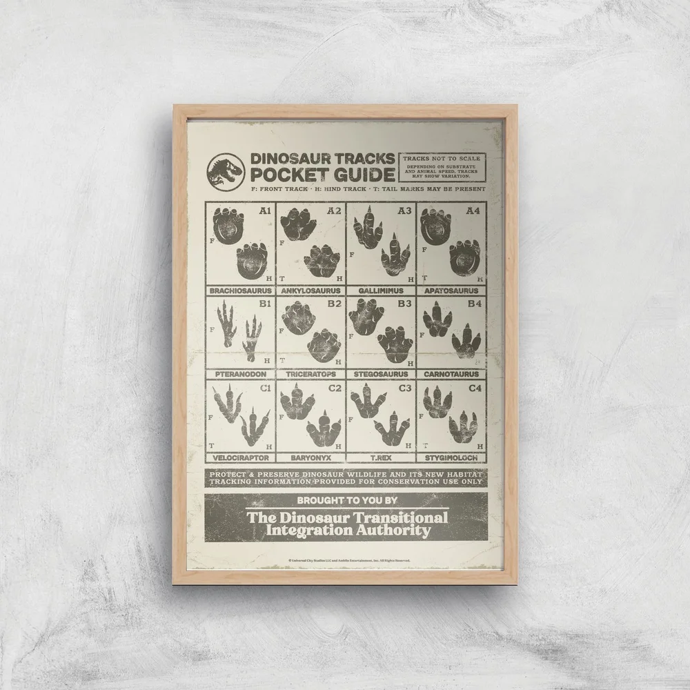 Jurassic World Dino Tracks Pocket Guide Giclee Art Print - A3 - Wooden Frame Afbeelding 1