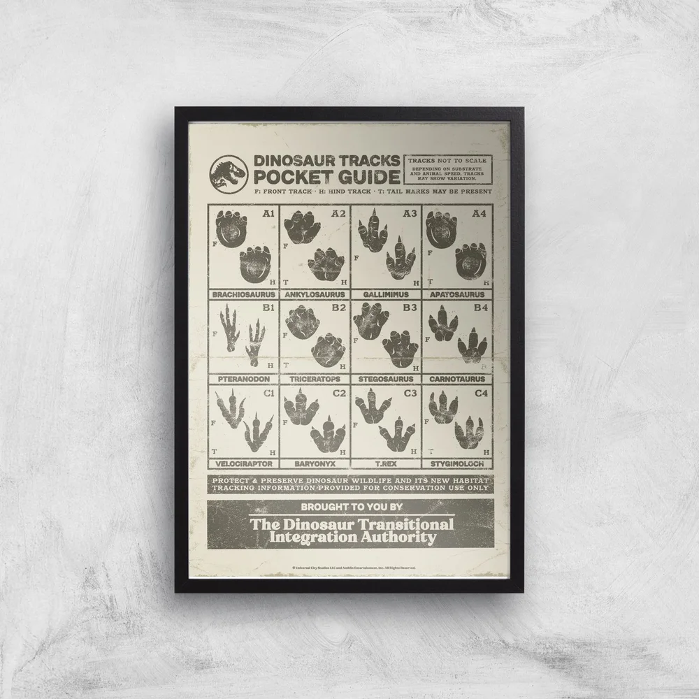 Jurassic World Dino Tracks Pocket Guide Giclee Art Print - A3 - Black Frame Afbeelding 1