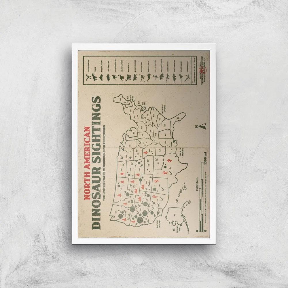 Jurassic World Dinosaur Sightings Map Giclee Art Print - A4 - White Frame Afbeelding 1