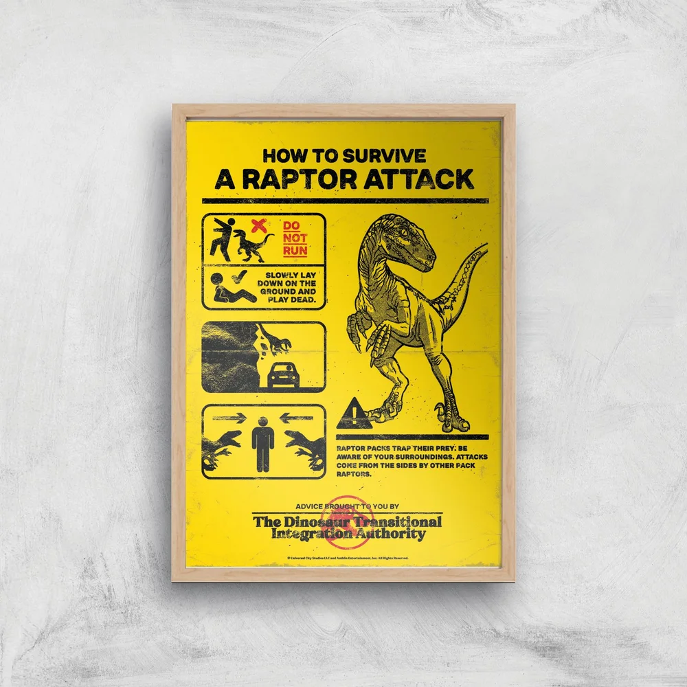 Jurassic World How To Survive A Raptor Attack Giclee Art Print - A4 - Wooden Frame Afbeelding 1