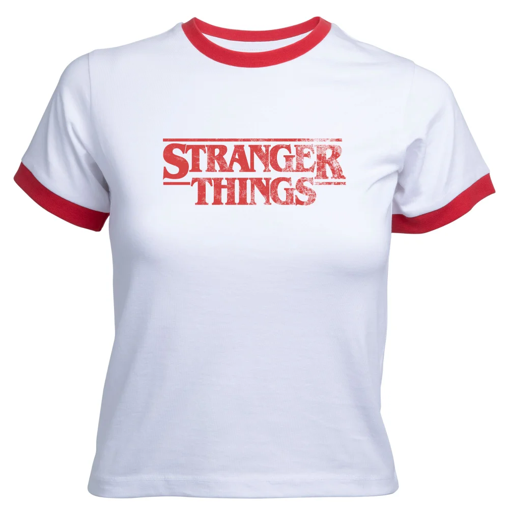 Stranger Things Vintage Logo Women's Cropped Ringer T-Shirt - White Red - XS Afbeelding 1