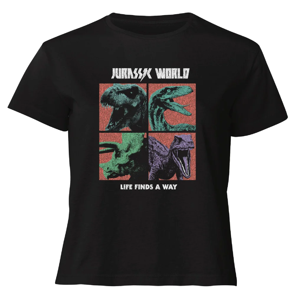 Jurassic Park World Four Colour Faces Women's Cropped T-Shirt - Black - XS Afbeelding 1