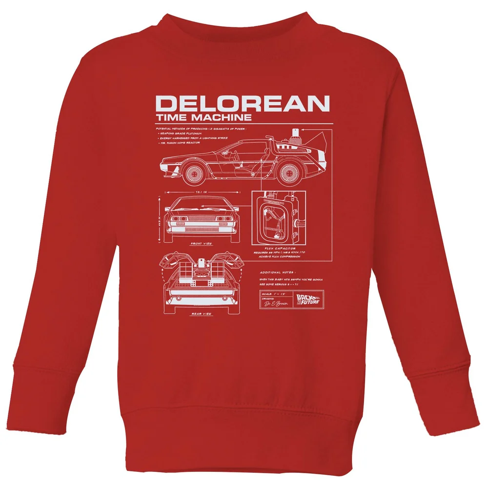 Back To The Future Delorean Schematic Kids' Sweatshirt - Red - 98/104 (3-4 jaar) Afbeelding 1