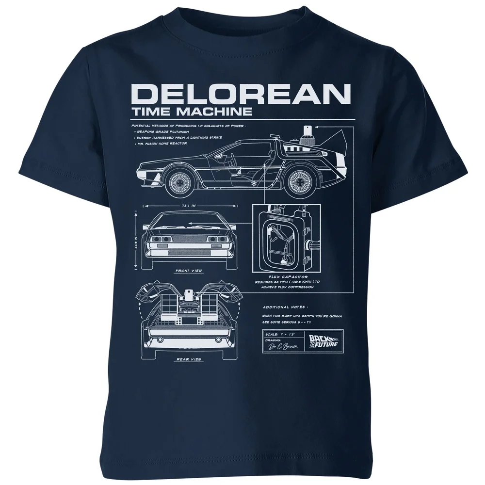 Back To The Future Delorean Schematic Kids' T-Shirt - Navy - 98/104 (3-4 jaar) Afbeelding 1