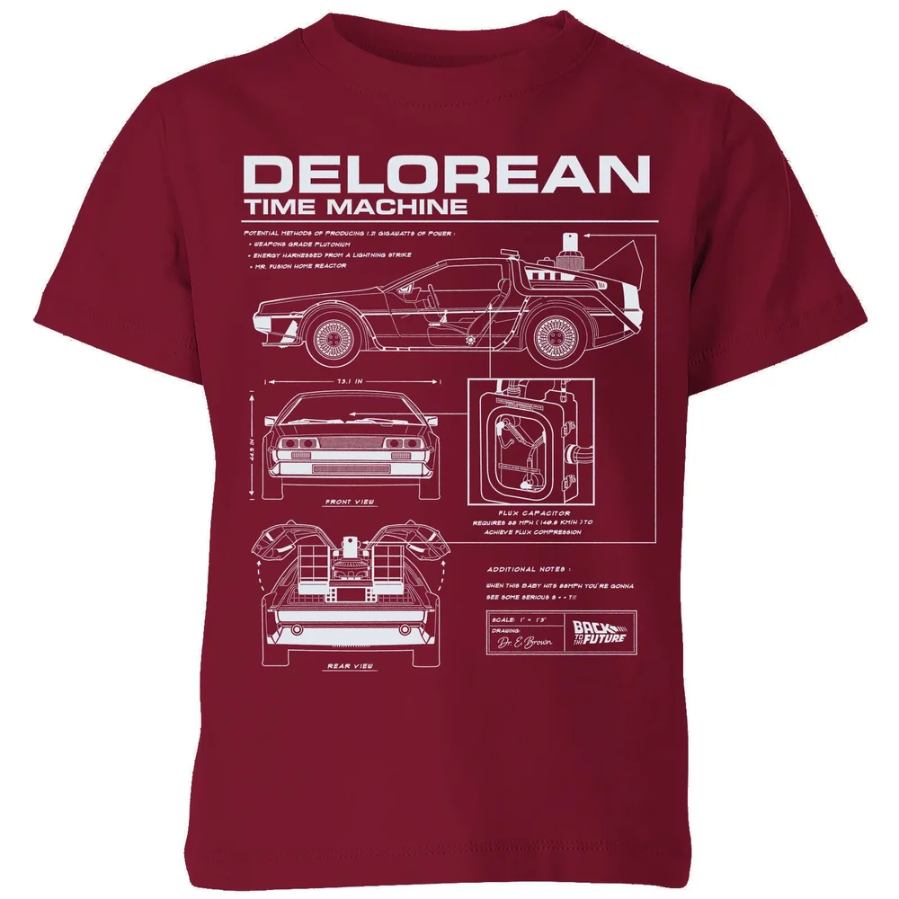 Back To The Future Delorean Schematic Kids' T-Shirt - Burgundy - 98/104 (3-4 jaar) Afbeelding 1