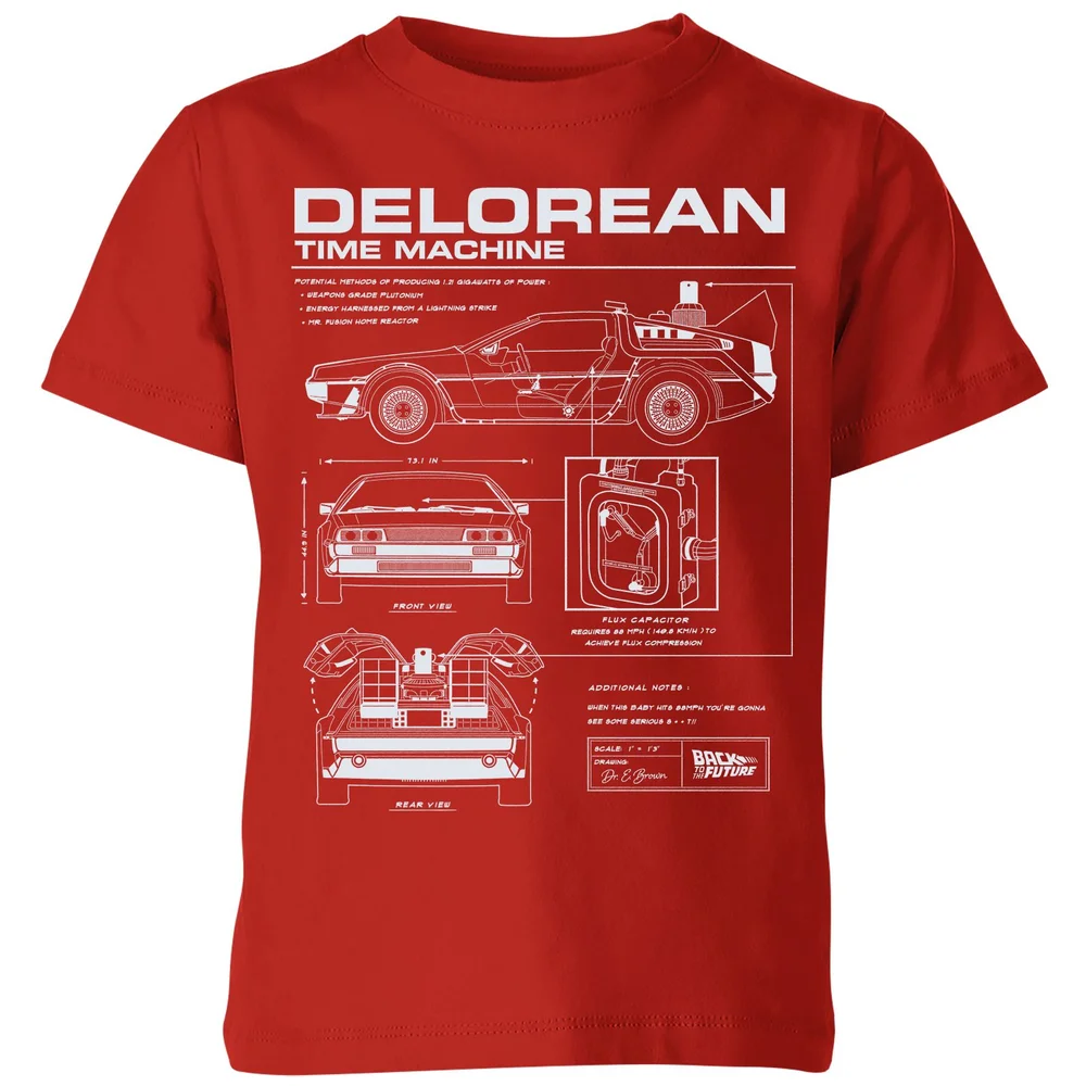 Back To The Future Delorean Schematic Kids' T-Shirt - Red - 98/104 (3-4 jaar) Afbeelding 1