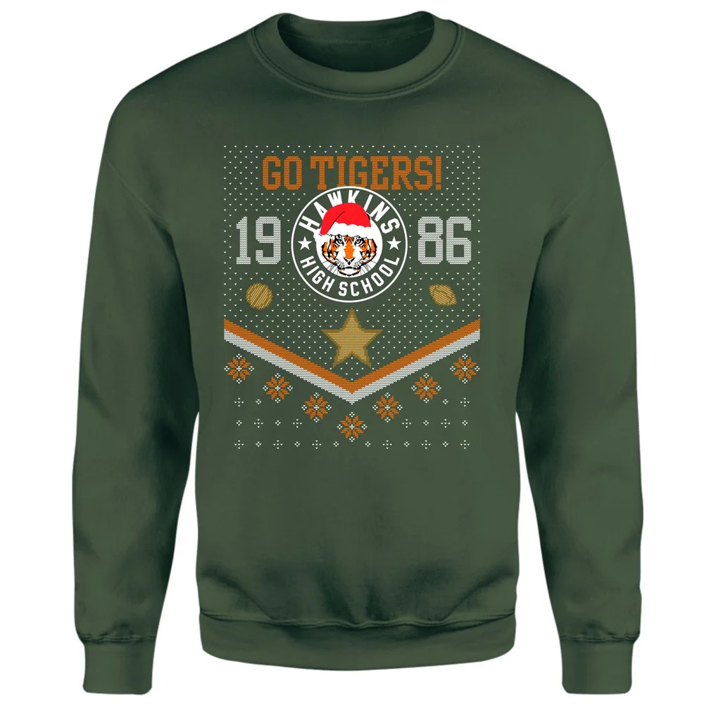 Stranger Things Christmas Go Tigers! Christmas Jumper - Green - S Afbeelding 1