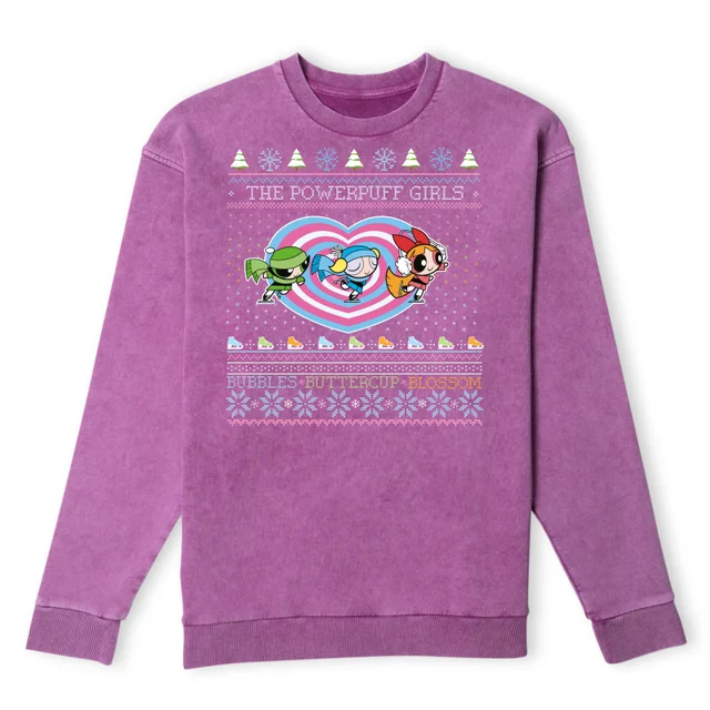 Powerpuff Girls Bubbles, Buttercup, Blossom Christmas Christmas Jumper - Purple Acid Wash