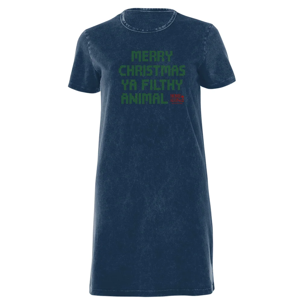 Home Alone Ya Filthy Animal Women's T-Shirt Dress - Navy Acid Wash - XXL - Navy Acid Wash Afbeelding 1