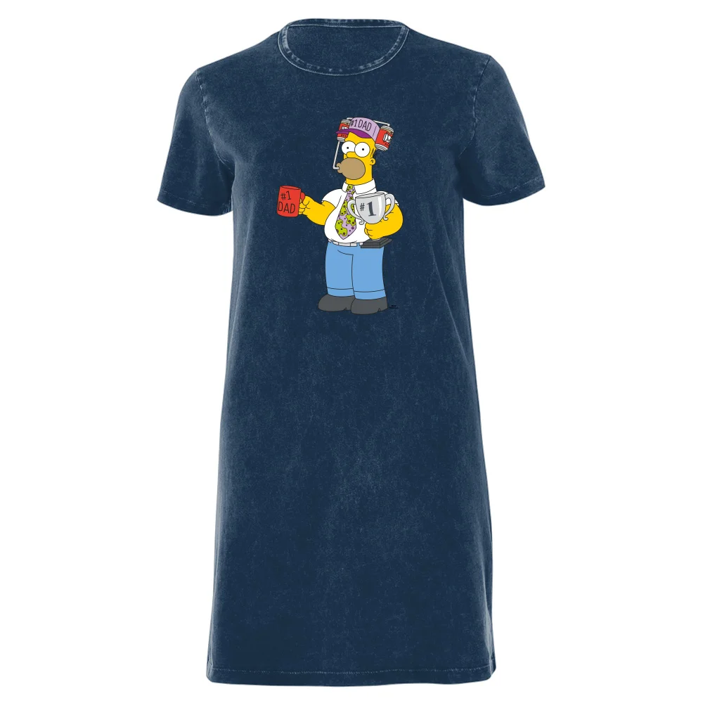 The Simpsons Homer Number 1 Dad Women's T-Shirt Dress - Navy Acid Wash - XXL - Navy Acid Wash Afbeelding 1