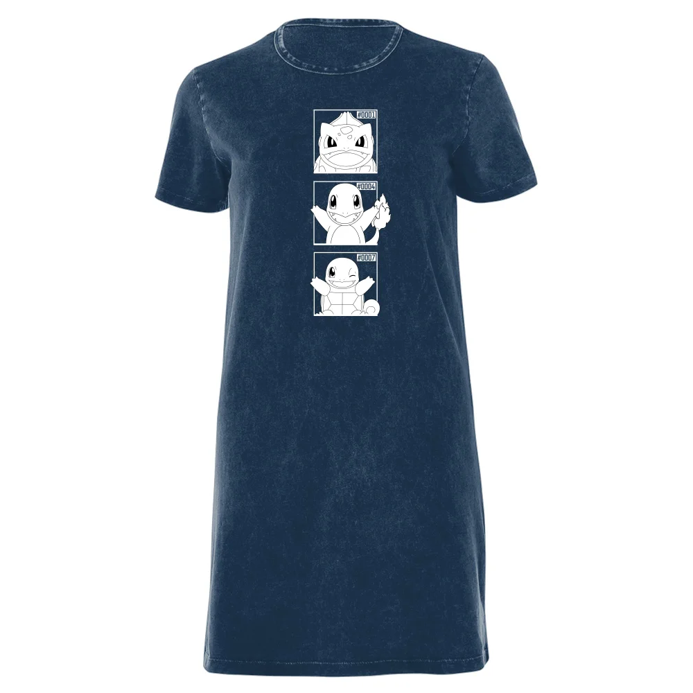 Pokemon Generation 1 Monochrome Starters Women's T-Shirt Dress - Navy Acid Wash - XXL Afbeelding 1
