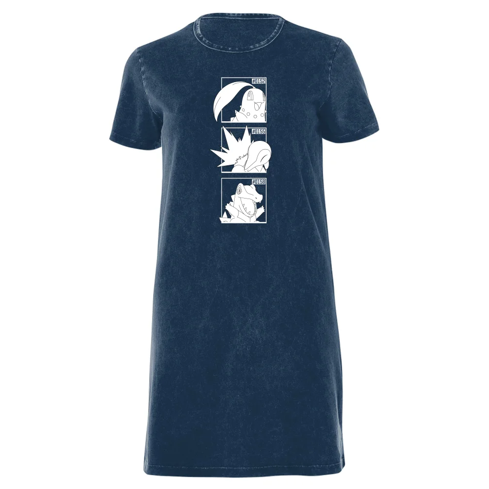 Pokemon Generation 2 Monochrome Starters Women's T-Shirt Dress - Navy Acid Wash - XXL Afbeelding 1