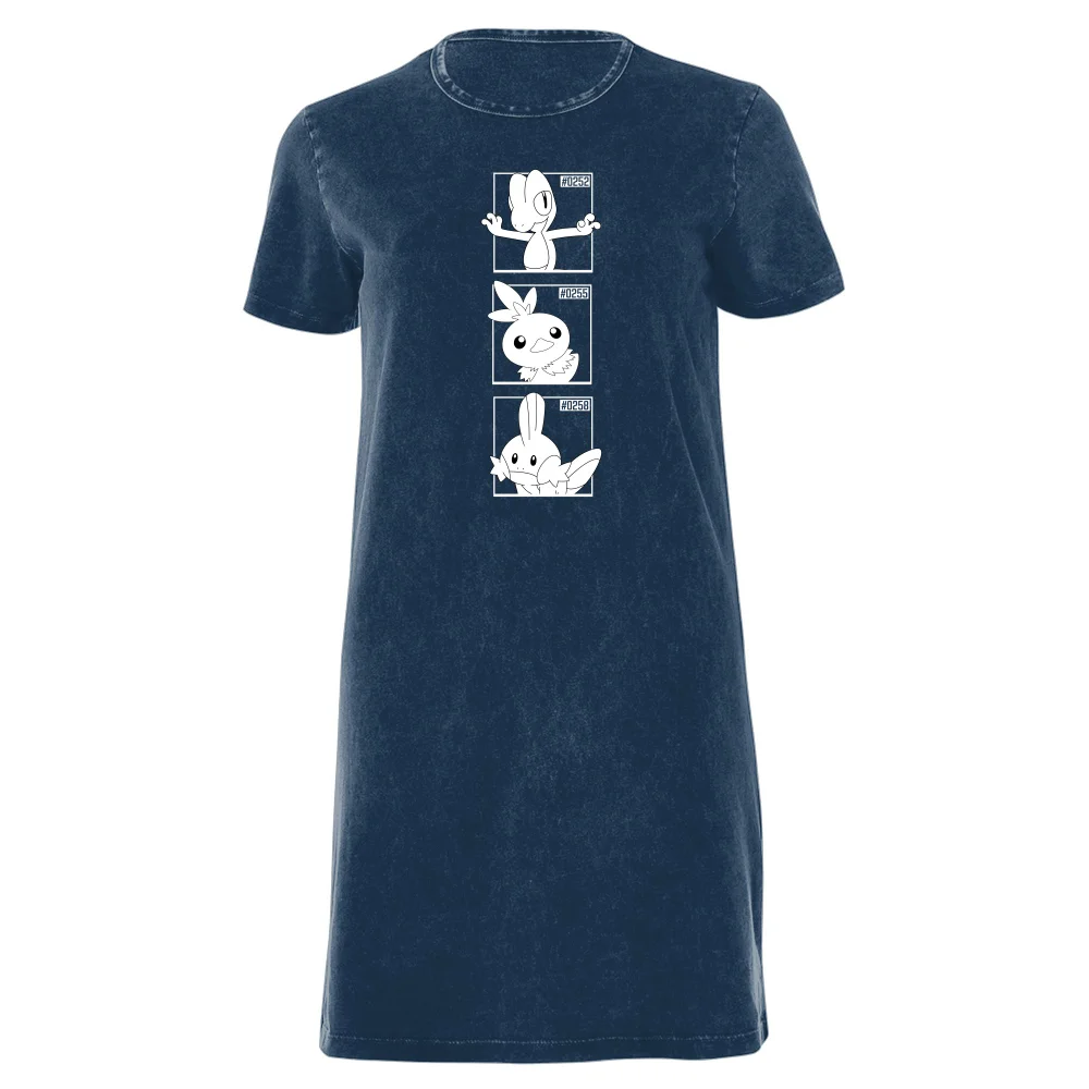 Pokemon Generation 3 Monochrome Starters Women's T-Shirt Dress - Navy Acid Wash - XXL Afbeelding 1