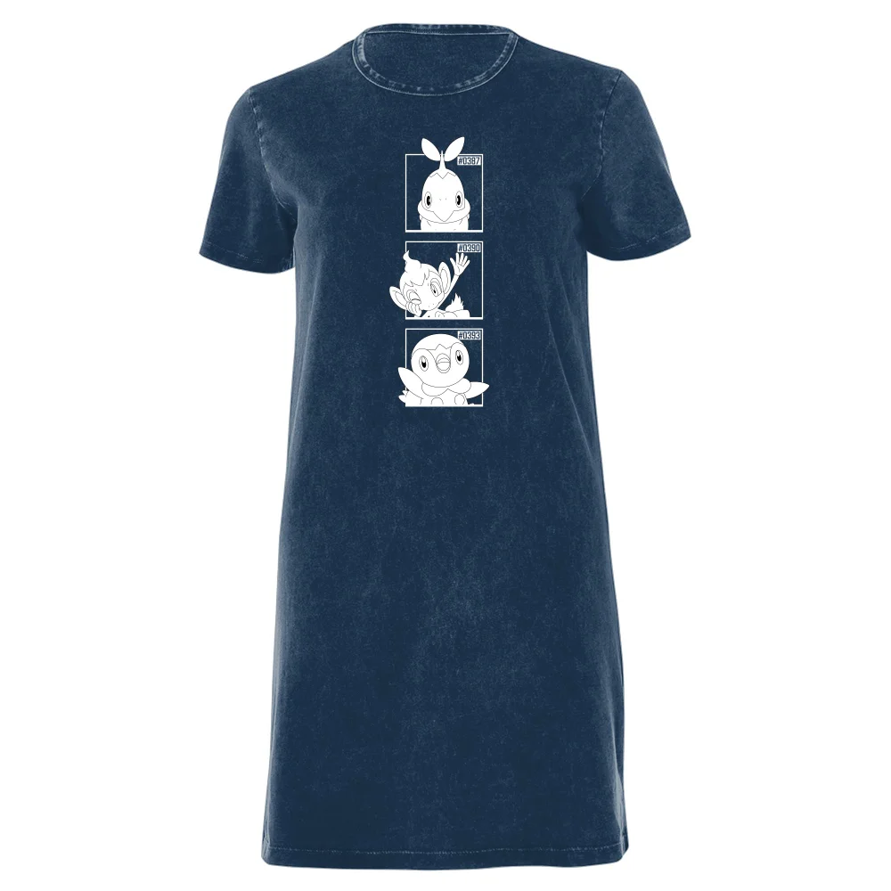 Pokemon Generation 4 Monochrome Starters Women's T-Shirt Dress - Navy Acid Wash - XXL Afbeelding 1