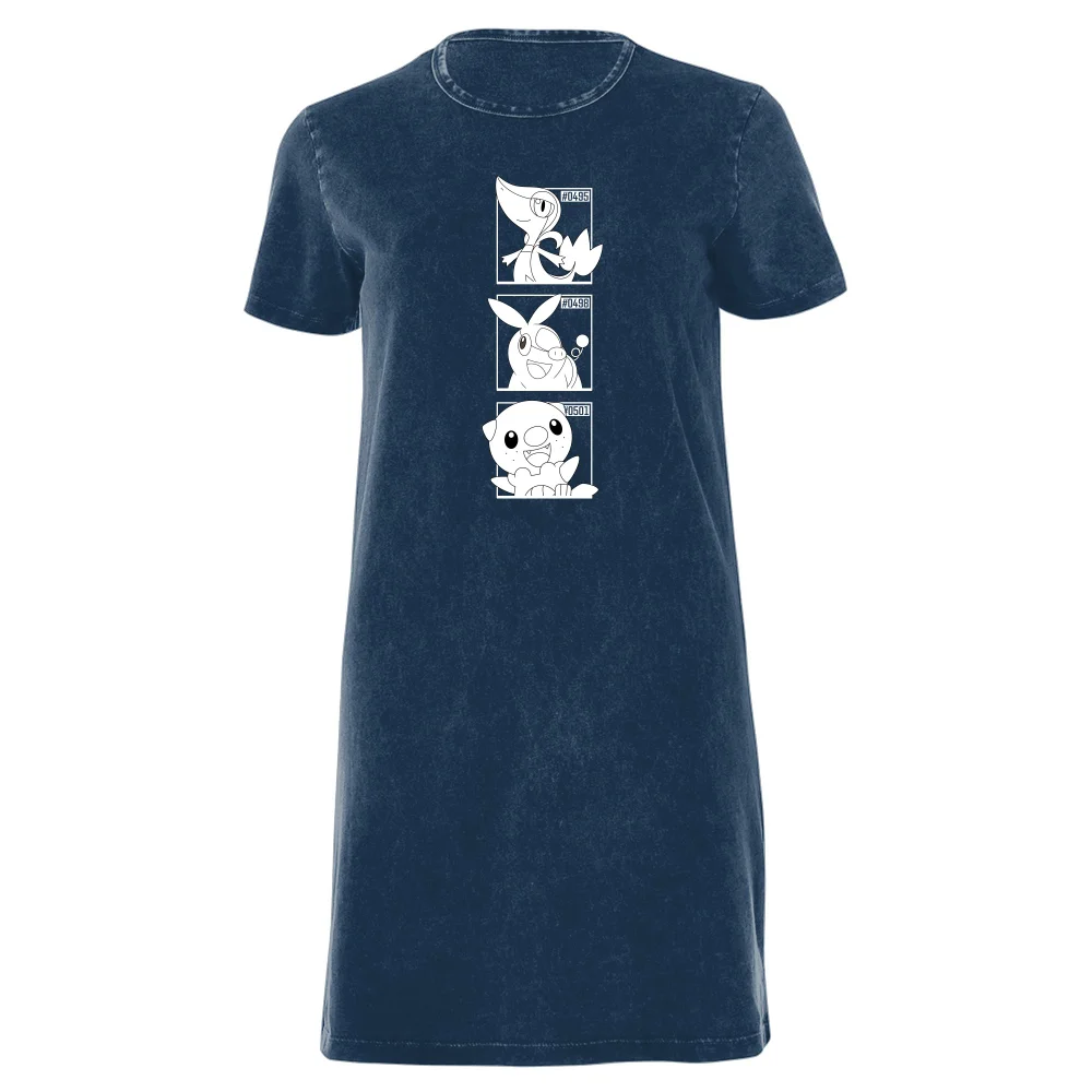 Pokemon Generation 5 Monochrome Starters Women's T-Shirt Dress - Navy Acid Wash - XXL Afbeelding 1
