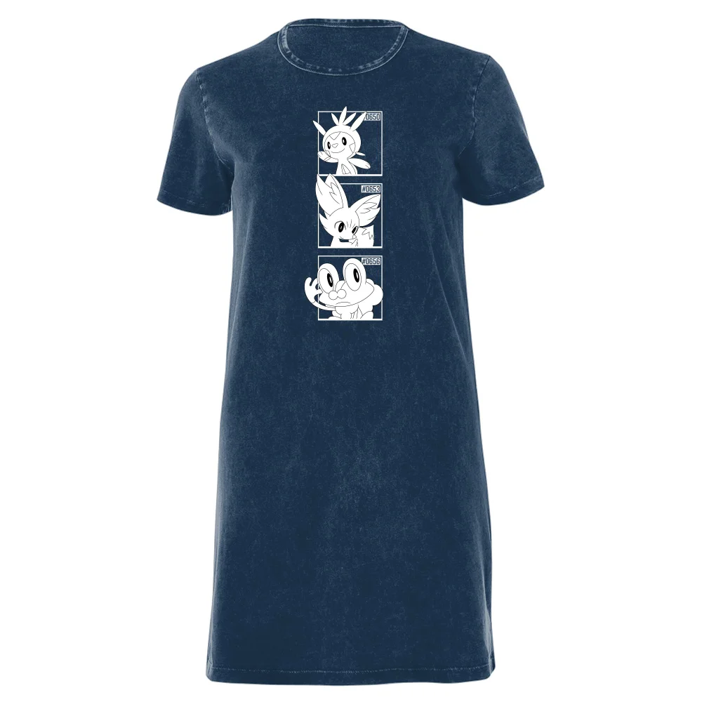 Pokemon Generation 6 Monochrome Starters Women's T-Shirt Dress - Navy Acid Wash - XXL Afbeelding 1