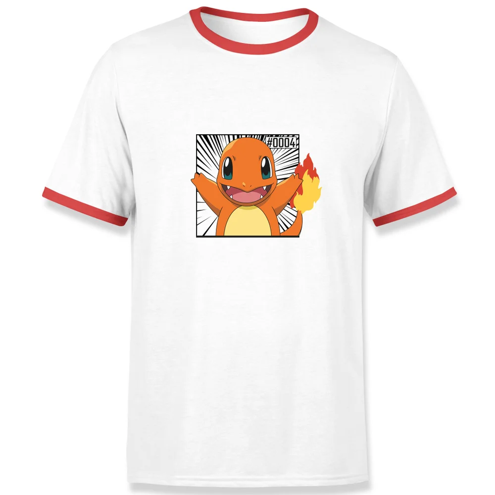 Pokémon Pokédex Charmander #0004 Men's Ringer T-Shirt - White/Red - S Afbeelding 1