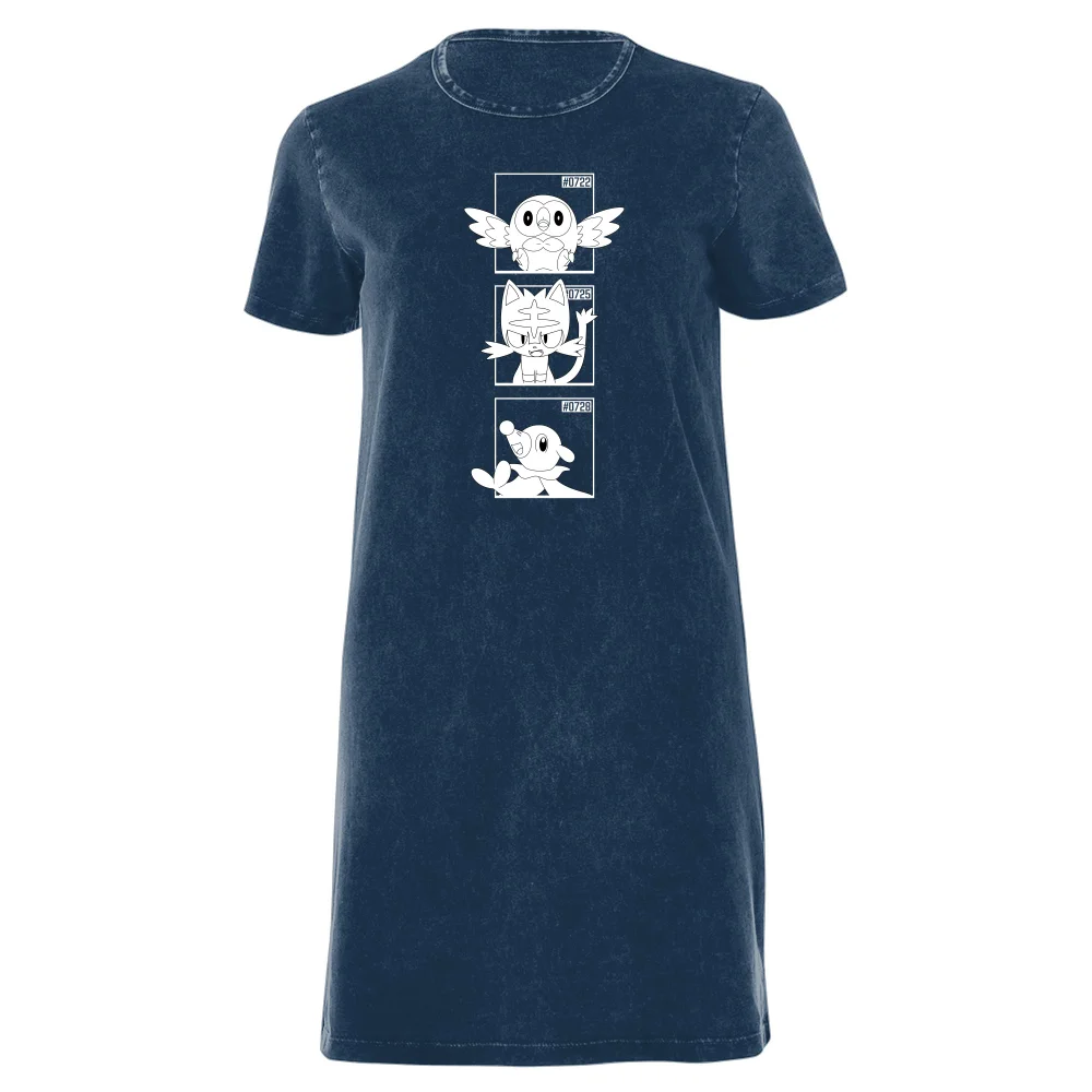 Pokemon Generation 7 Monochrome Starters Women's T-Shirt Dress - Navy Acid Wash - XXL Afbeelding 1