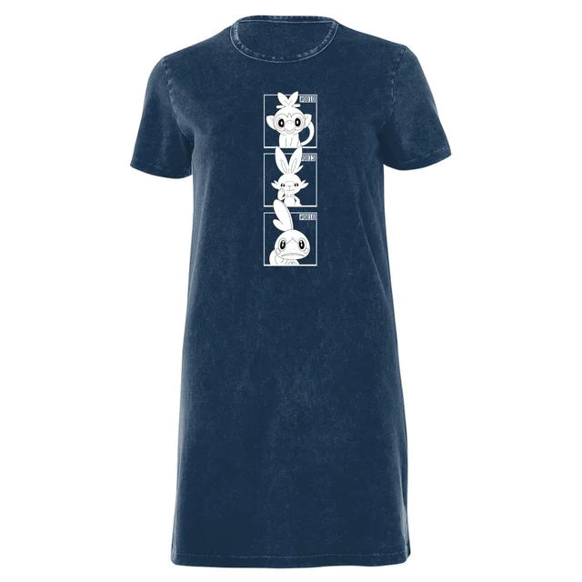 Pokemon Generation 8 Monochrome Starters Women's T-Shirt Dress - Navy Acid Wash