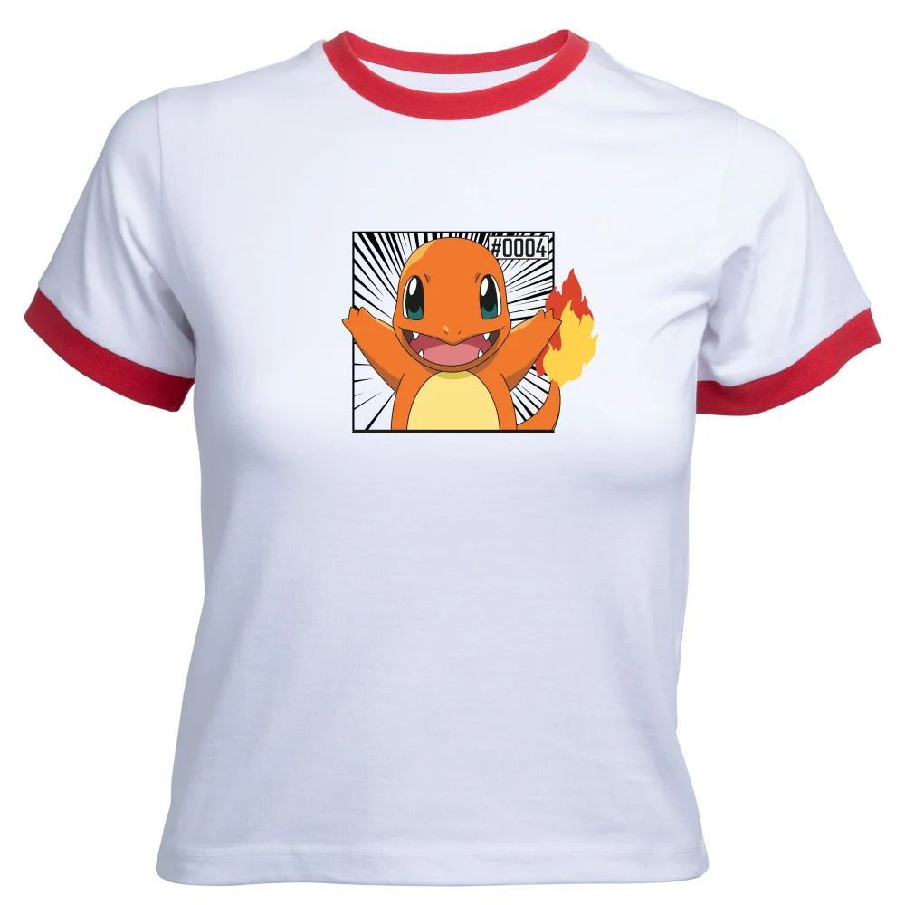 Pokémon Pokédex Charmander #0004 Women's Cropped Ringer T-Shirt - White Red - XS Afbeelding 1