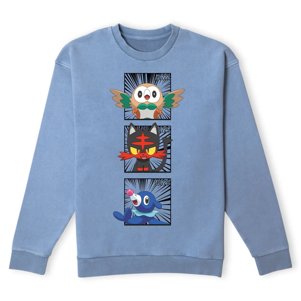 Pokemon Generation 7 Starters Sweatshirt - Denim Blue Acid Wash - S Afbeelding 1