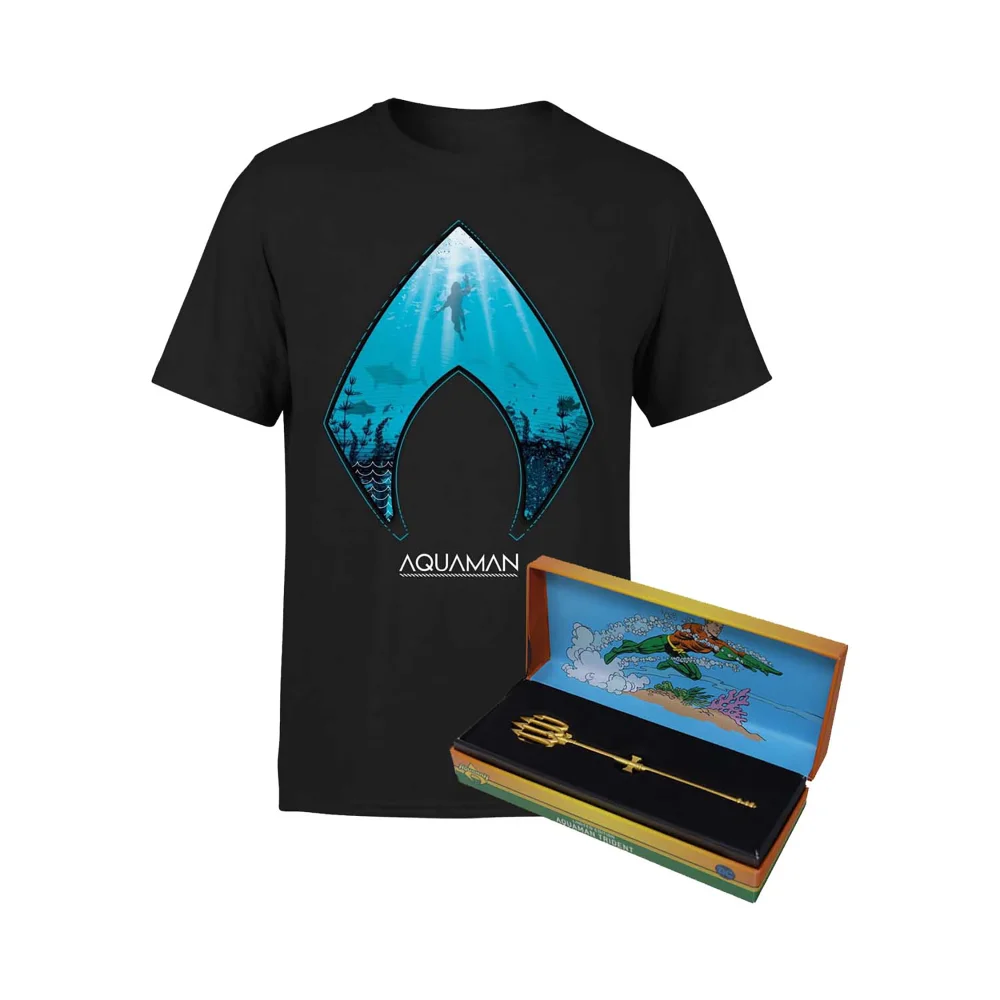 DC Comics Aquaman Limited Edition 24K Gold Miniature Trident & T-Shirt Bundle - S Afbeelding 1