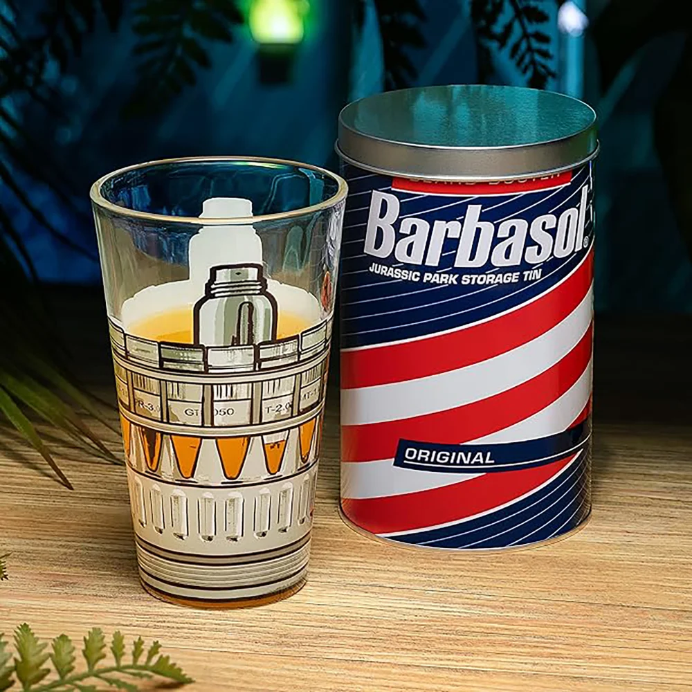 Jurassic Park Drinking Glass in a Collectible Barbasol Shaving Cream Tin Afbeelding 1