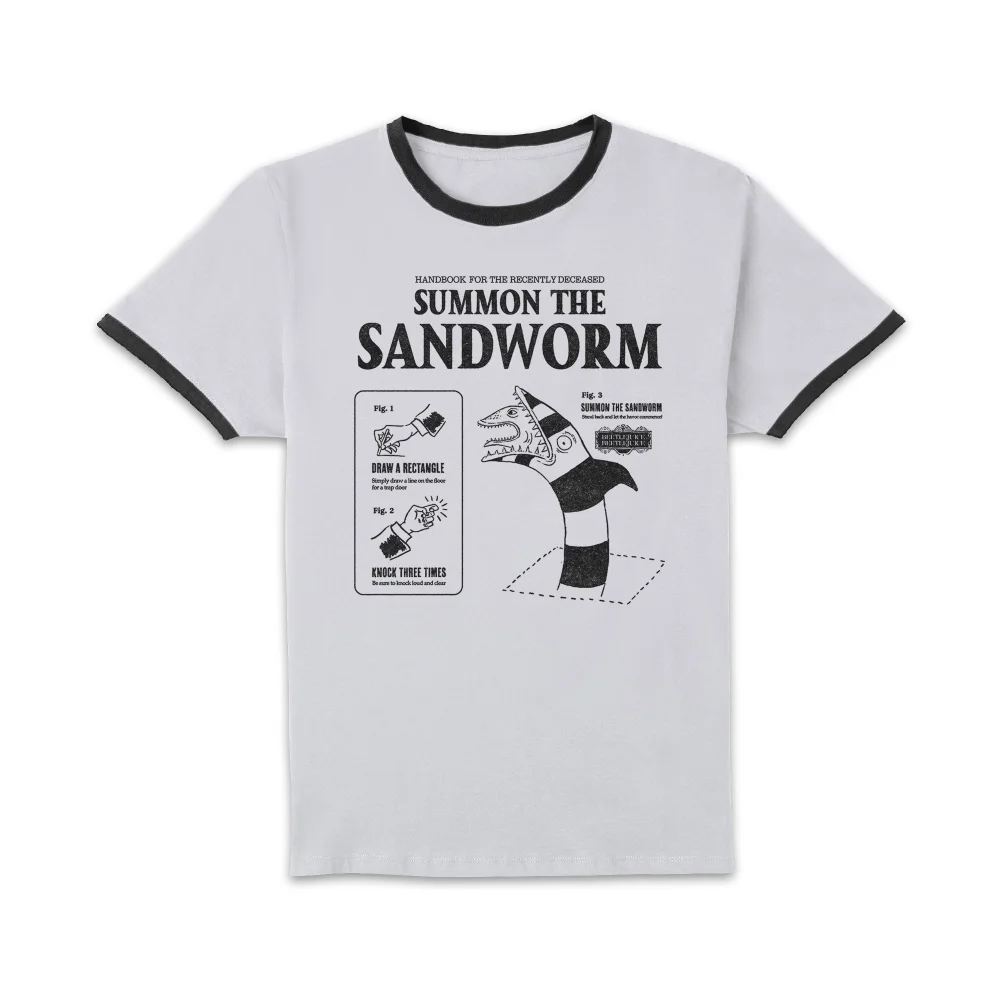Beetlejuice Sandoworm Instructional Unisex Ringer T-Shirt - White/Black - XS Afbeelding 1