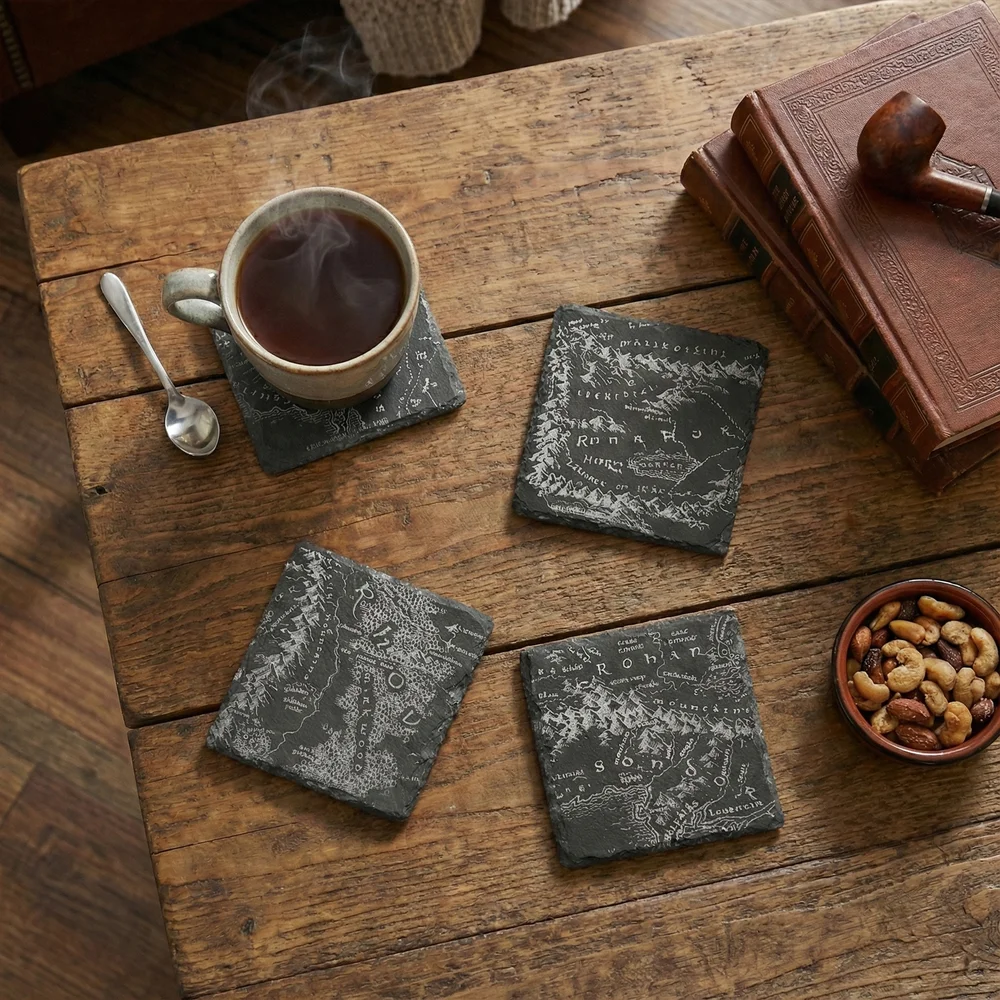 Lord Of The Rings Middle Earth Map Engraved Slate Coaster Set Afbeelding 1