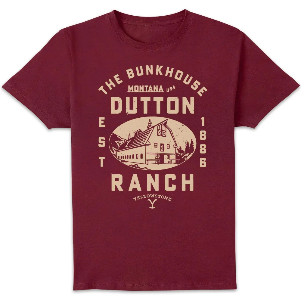Yellowstone Dutton Ranch Woodcut Unisex T-Shirt - Burgundy - S Afbeelding 1