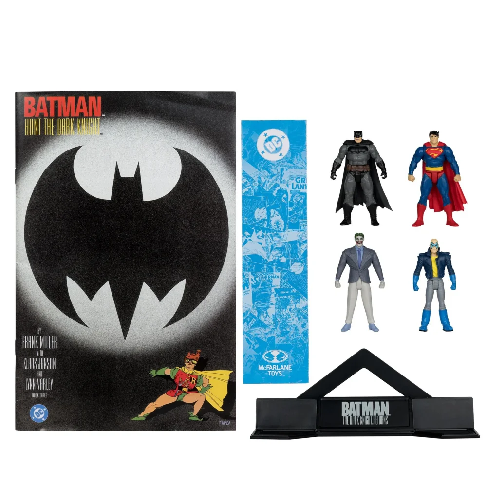 McFarlane DC Direct 3" Figure with Comic Black Suit Batman & DKR#3 Son of Batman & Superman & DKR#4 Joker 4 Pack Action Figures Afbeelding 1
