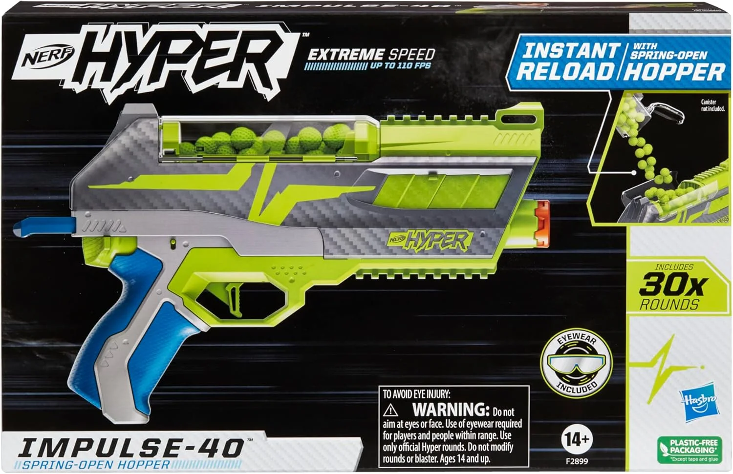 Nerf Hyper Impulse-40 Blaster, Spring-Open Hopper, Up To 110 FPS Velocity, 30 Nerf Hyper Rounds, Eyewear Afbeelding 1