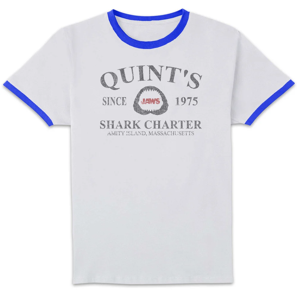 Jaws Quint's Shark Charter Unisex Ringer T-Shirt - White/Navy - M Afbeelding 1
