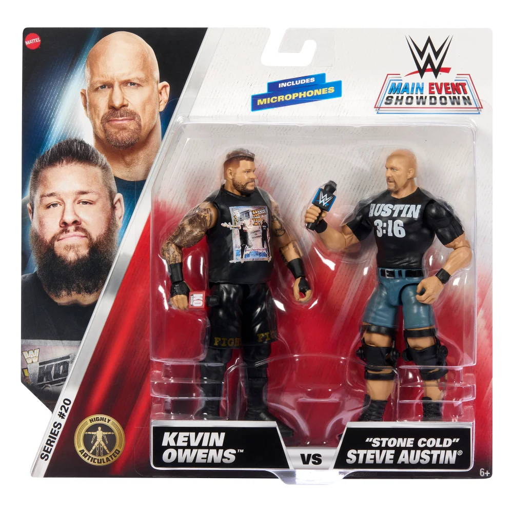 WWE Main Event Showdown 2-Pack Series 20 Kevin Owens vs Stone Cold Steve Austin Action Figures (6") Afbeelding 1