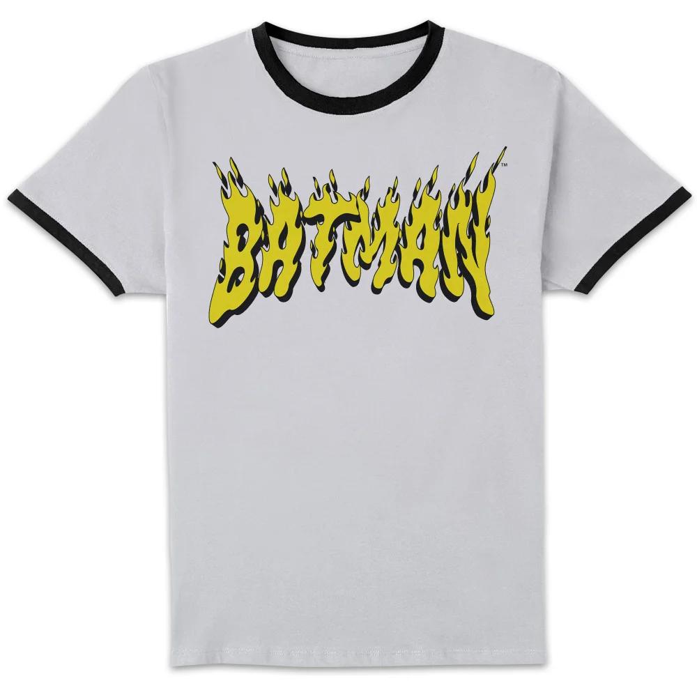 DC Comics Batman Text Fire Unisex Ringer T-Shirt - White/Black - S Afbeelding 1