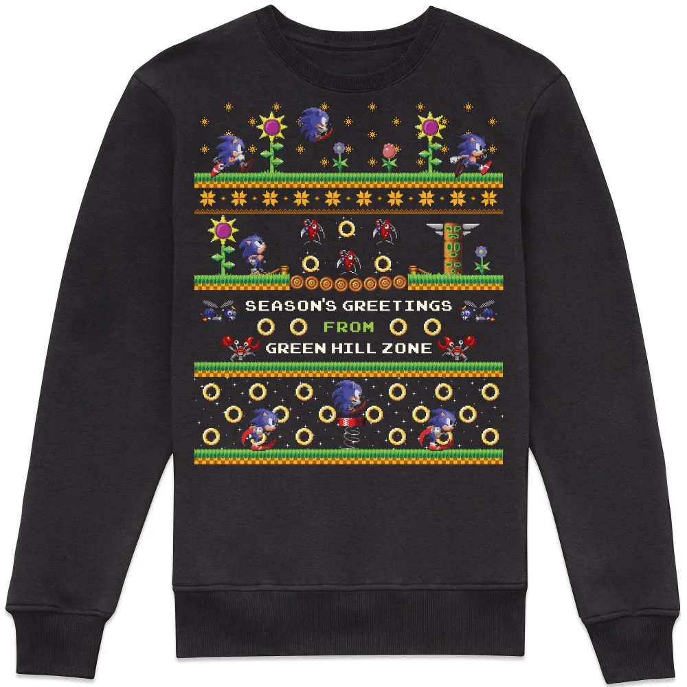 Sonic The Hedgehog Seasons Greetings From Green Hill Zone Christmas Jumper Sweatshirt - Black - XS Afbeelding 1