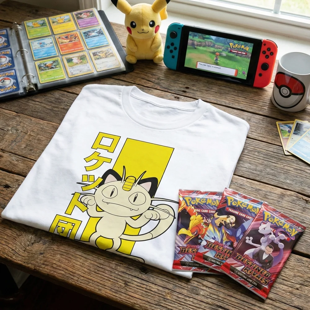 Pokémon Team Rocket Meowth T-Shirt & Pokémon TCG Bundle - 3 x Destined Rivals Booster Packs - XXL Afbeelding 1